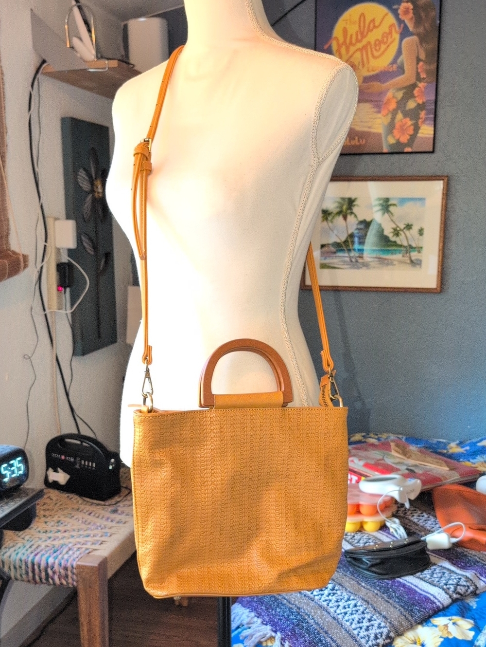 Joy Susan Mustard Yellow Woven Crossbody Bag with Top Handle